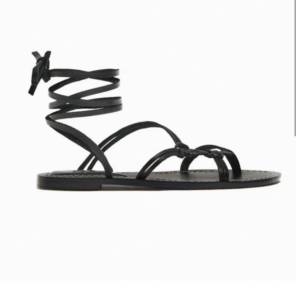 Zara Lace-Up Strappy Flat Sandals - Black